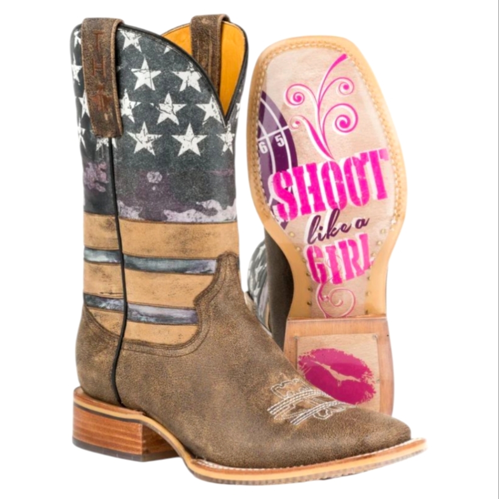 TIN HAUL "American Woman" square toe cowgirl boots "Shoot like A Girl" sz 9 EUC